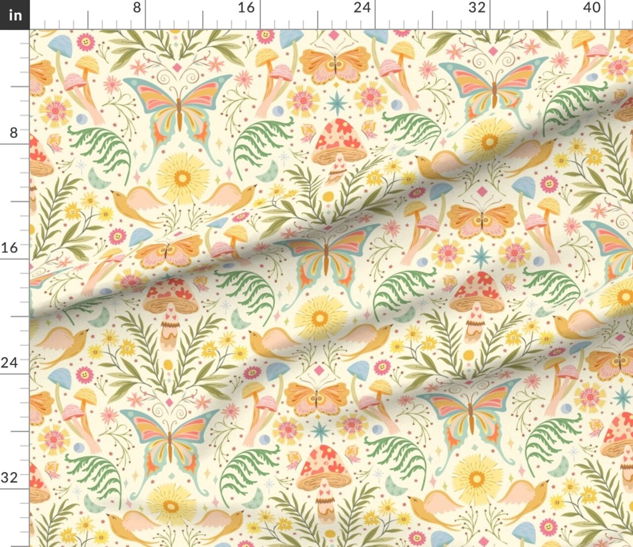 Various Fabrics by the Yard or Fat Quarter Woodland Damask Bright Pastels Pale Yellow Spring Floral Botanical Butterfly Colorful Cheerful Custom Printed Fabric by Spoonflower